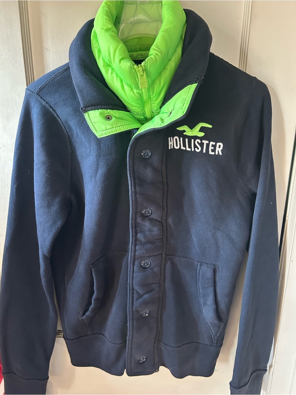 Hollister Navy Casual Jacket with Neon Green Collar